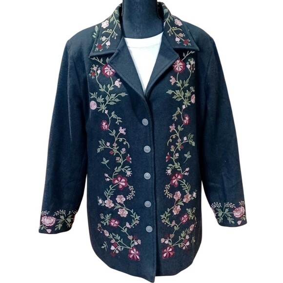North Style Vintage Sz XL Wool Blend Floral Embroidered Jacket Coat Pockets - Picture 1 of 10